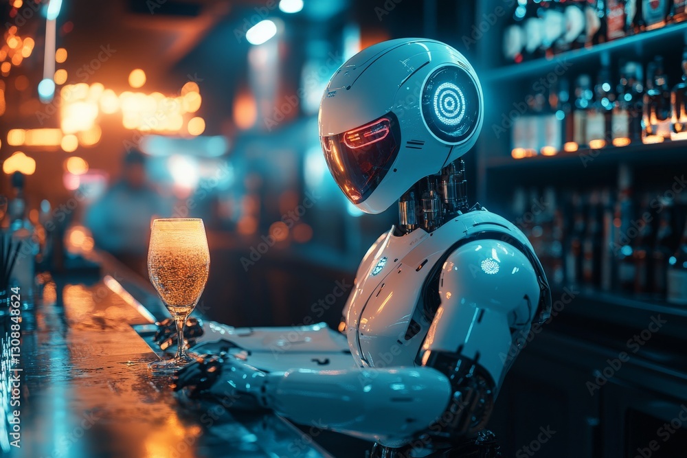 Poster robot bartender serves a sparkling drink in a modern illuminated bar during a lively evening