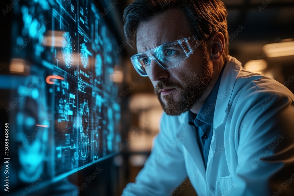 Poster scientist analyzing digital data in modern laboratory setting focused on technology and research