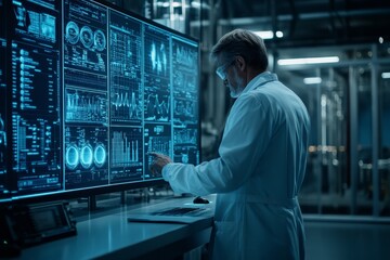 Scientist analyzing data on large screens in a modern laboratory during nighttime hours