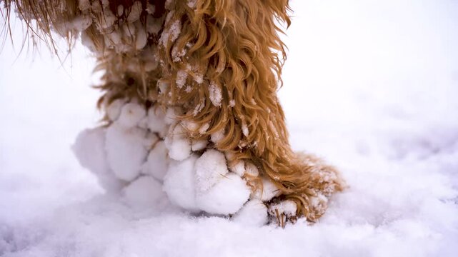 Close-up of Snowballs on dog paws - dog in winter