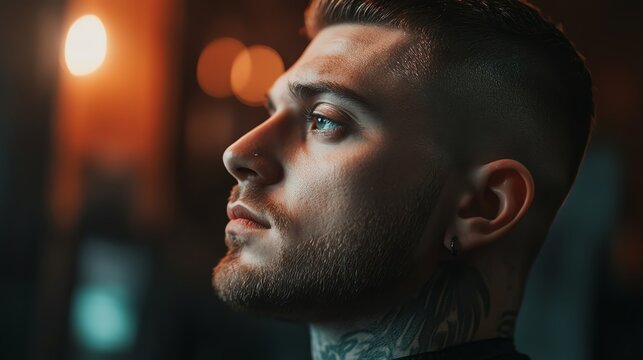 Closeup Modern barber styling a clients hair with a fade cut, trendy mens grooming concept