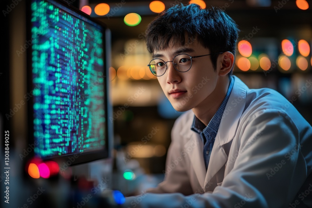 Leinwandbilder young scientist analyzing data on computer in lab environment during evening hours with vibrant ligh
