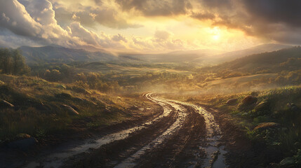 Sunset over a muddy road in a lush mountain landscape