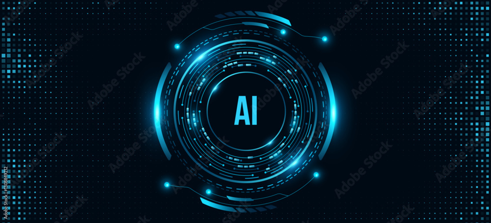 Poster glowing hud circle with circuit board and electronic details on dark backdrop with dotted halftone e
