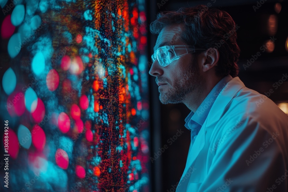 Poster Scientist analyzes data on a digital display in a modern laboratory at night