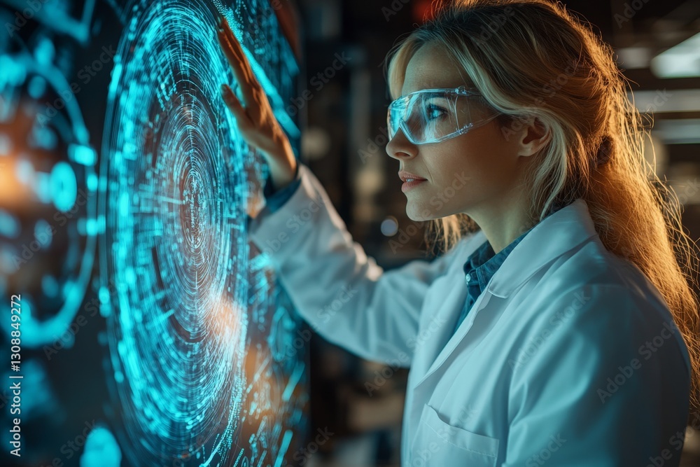 Aufkleber Scientist interacts with futuristic display in high-tech laboratory during evening research session