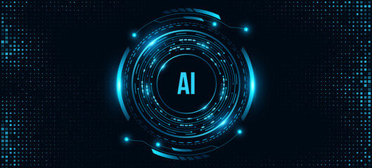 Glowing HUD circle with circuit board and electronic details on dark backdrop with dotted halftone effect. Futuristic FinTech AI background. Elements for UI and GUI design. Vector illustration. EPS 10