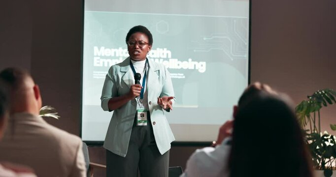 Seminar, mic and business woman with presentation on company mental health in office. Speaker, public speaking and female hr director with pitch at employee wellbeing conference, event or workshop.
