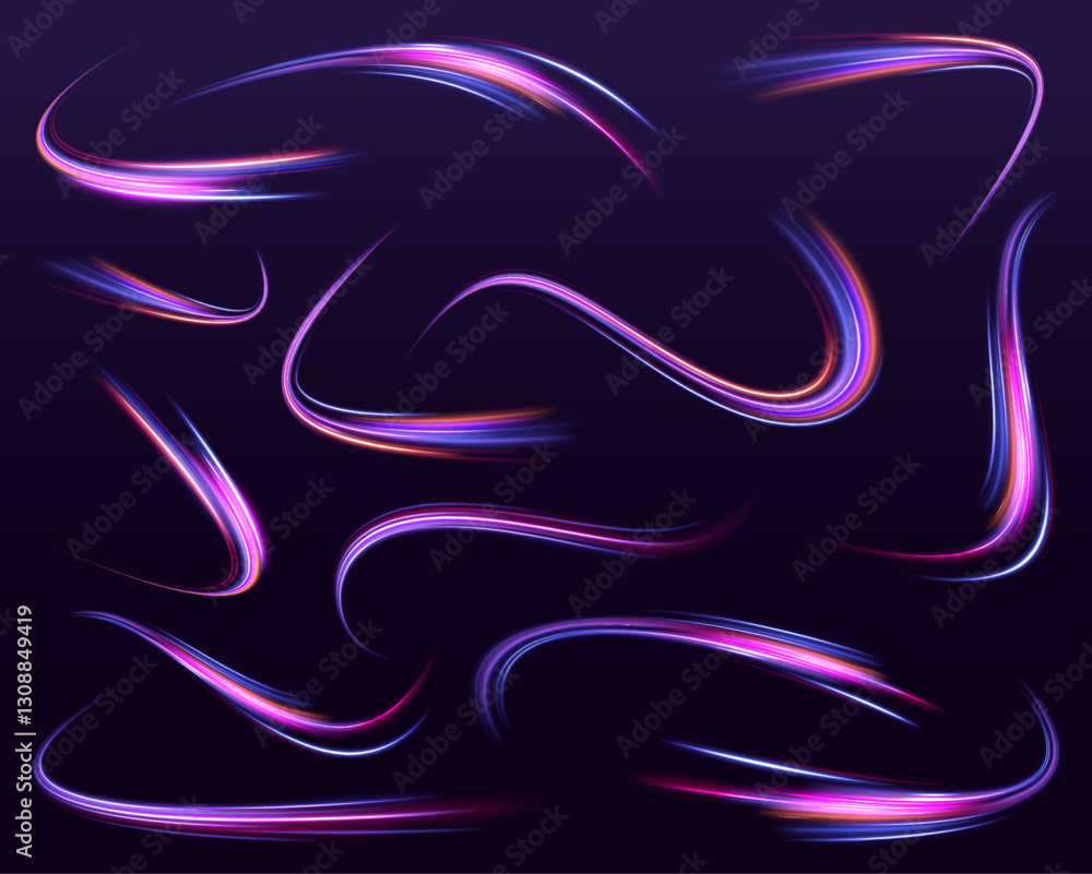 Fototapete Speed connection vector background. A large set of low-poly designs made of thin lines in the form of branches, spirals and arcs. Long exposure of motorways as speed.	