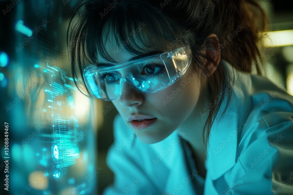 Aufkleber Young scientist working on advanced technology in a futuristic laboratory setting during evening hours