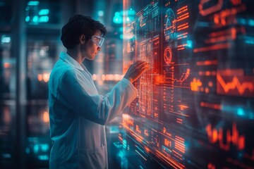 Scientist analyzes futuristic data on a transparent digital interface in a high-tech laboratory setting