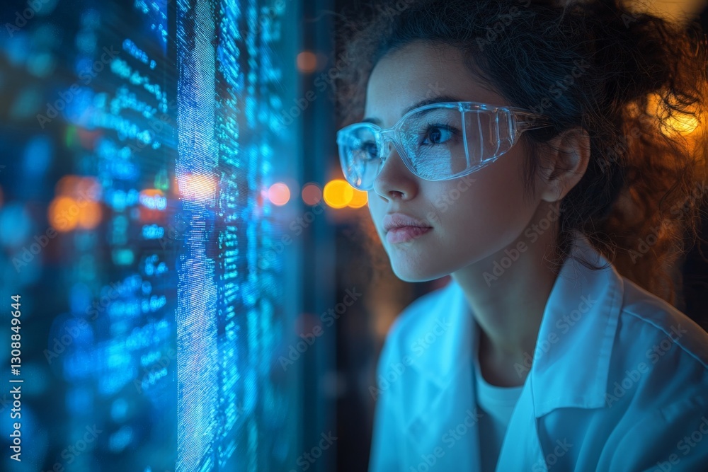 Poster young scientist examines digital data in a modern laboratory during evening hours