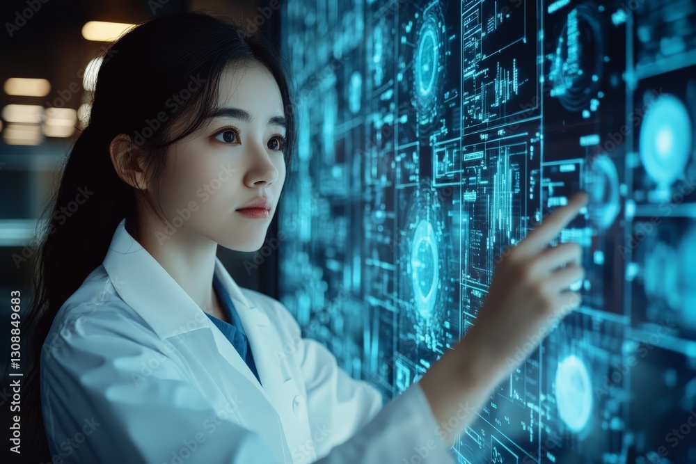 Poster Young scientist analyzes data on a futuristic digital interface in a modern research lab