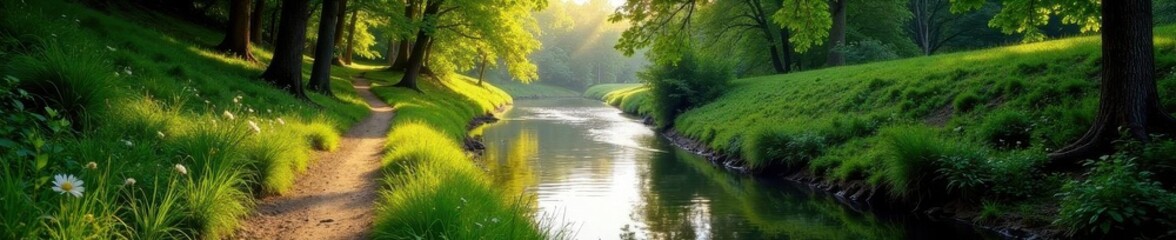 Winding riverside path, lush foliage, sunlight dappled,  landscape,  trail,  forest