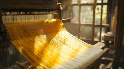 Sunlit yarn on antique loom in rustic workshop