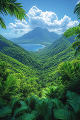 Lush Tropical Valley Vista with Mountain Backdrop and Coastal Views