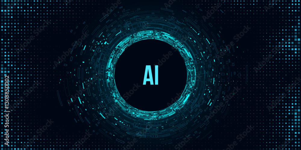Poster glowing digital circle with decaying data fragments on blue dark backdrop with dotted halftone effec