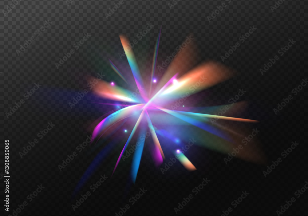 Aufkleber Abstract refraction glow effect on black background. Set Rainbow crystal light leak flare reflection effect. Transparent refraction elements.	
