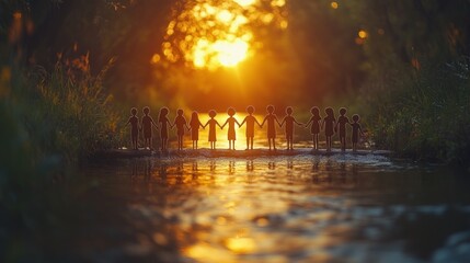 Silhouette of children holding hands on a riverbank at sunset