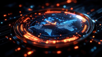 Futuristic global clock, digital display of world map time