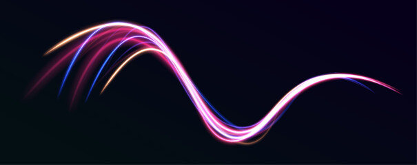 Low-poly construction of fine lines. Vector art of dynamic light motion, light trail, high speed effect, traffic motion. Expressway, the effect of car headlights.	