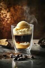 Perfectly layered affogato dessert with steam and coffee beans