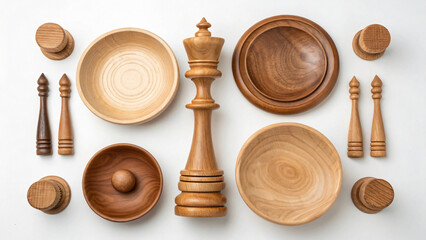 Wooden Chess Pieces and Bowls Arranged on a White Background for Artistic Display