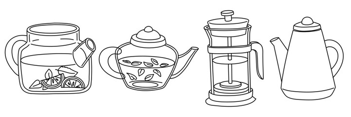 set teapots with tea and water. Outline illustration on white. variety of kettles with and without liquids. Monochrome doodle. Use illustrations for websites, product catalogs, promotional materials.