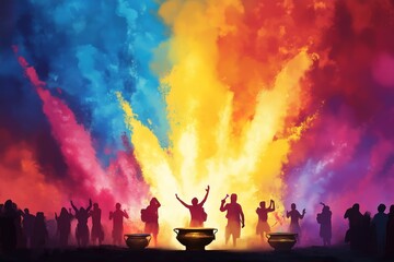 Vibrant Holi Festival Banner with Colorful Gulal Explosion and Celebratory Silhouettes in the Background