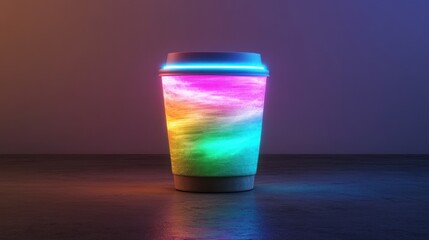 Vibrant, illuminated coffee cup with colorful, cloud-like design