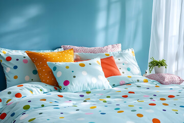 Colorful polka dot bedding on cozy bed in sunlit room with houseplant