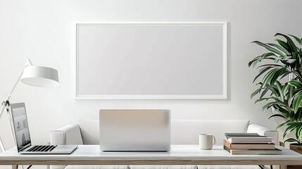 Obraz premium A white rectangular frame above a living room coffee table, with a laptop, a cup, and a few books scattered. HD 8K white mockup wallpaper Photographic Image 