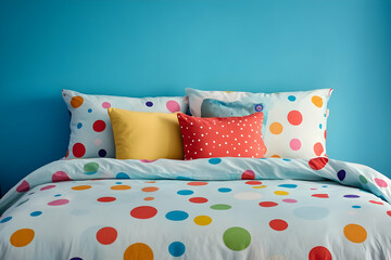Colorful polka dot bedding set with decorative pillows in vibrant bedroom