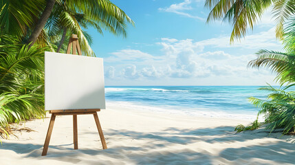 Blank canvas on tropical beach with ocean view and palm trees