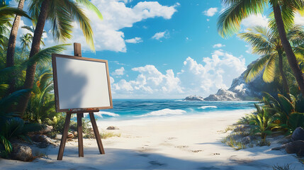Tropical beach with easel and canvas on sunny day with palm trees and blue sky