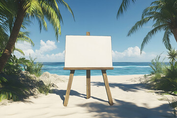 Tropical beach canvas display on sandy shore amid palm trees