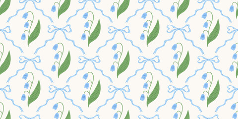 Floral trellis seamless pattern with bows and ribbons. Hand drawn lily of the valley flowers. Summer spring background. Vector design for fabric, wallpaper or wrapping paper.