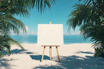 Blank canvas on sunny tropical beach with blue ocean and palm trees