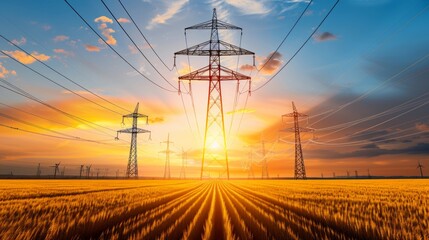 High-Voltage Transmission Lines Distributing Renewable Energy Across Landscapes.