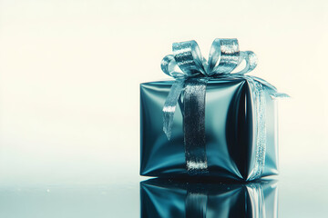 Elegant silver gift box with ribbon on reflective surface