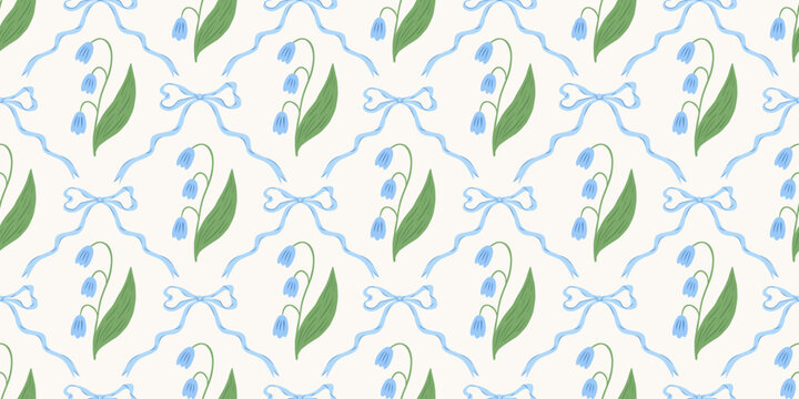 Floral trellis seamless pattern with bows and ribbons. Hand drawn lily of the valley flowers. Summer spring background. Vector design for fabric, wallpaper or wrapping paper.