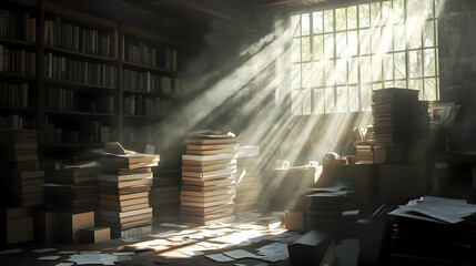 Sunlit dusty library room filled with stacked books and papers