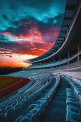 Fototapeta premium Beautiful sunset over a stadium with empty stands and vibrant skies