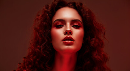 Obraz premium Bold contrast brings this stunning portrait to life, showcasing mesmerizing curls and radiant red tones. Experience the essence of modern beauty with this captivating visual. Generated AI