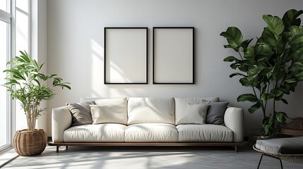A modern living room with a white wall mockup, a sofa, and a coffee table. A large blank canvas hangs on the wall, showcasing a minimalistic style. 