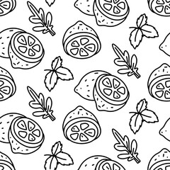 doodle pattern is therapeutic. Seamless texture with lemon, mint, wormwood. Monochrome linear mix. Ideal for health-focused brands, stores, and wellness content. Packaging for marketing