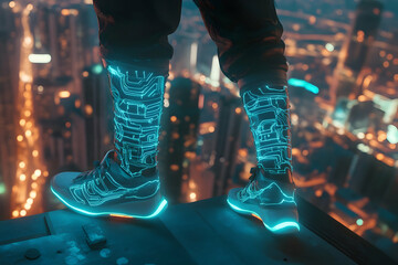 Futuristic cityscape with neon-lit high-tech boots