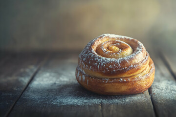 Delicious cinnamon roll on wooden table with powdered sugar