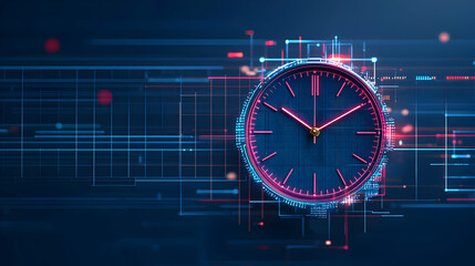 Digital Clock Displaying Time Amidst Data Streams and Technological Network in Blue and Red Hues