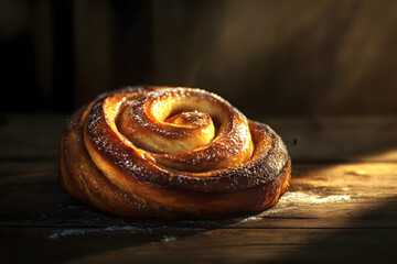 Glazed cinnamon roll on wooden table with sunlight highlighting golden brown crust